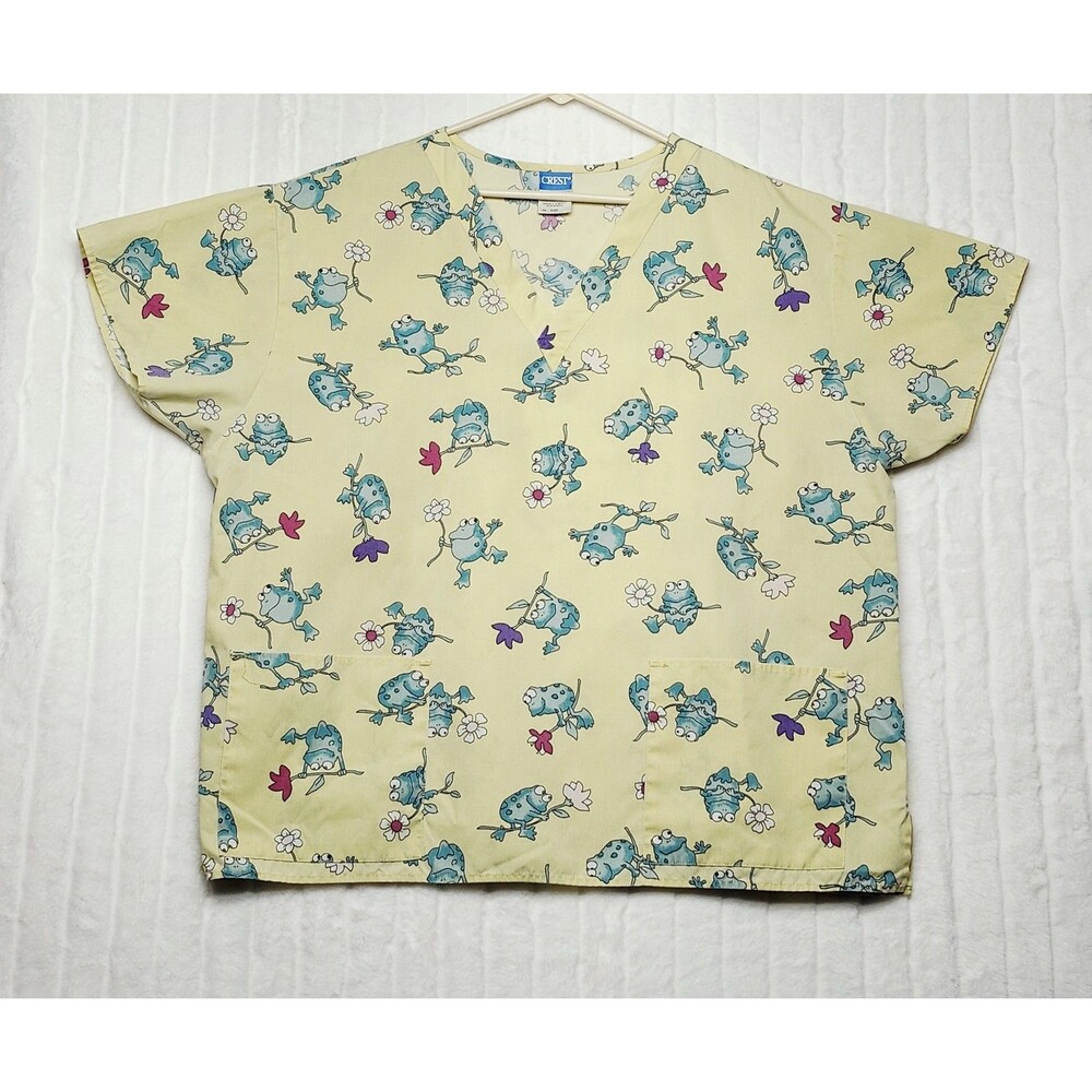 Crest Frog Print Scrub Top 2XL V-Neck Pockets Medical Dental Vet Uniform